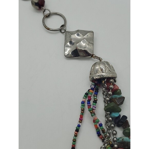 Women's Multi-Strand Necklace Beads & Stones Sliver Tone Adjustable Chain - Picture 5 of 12